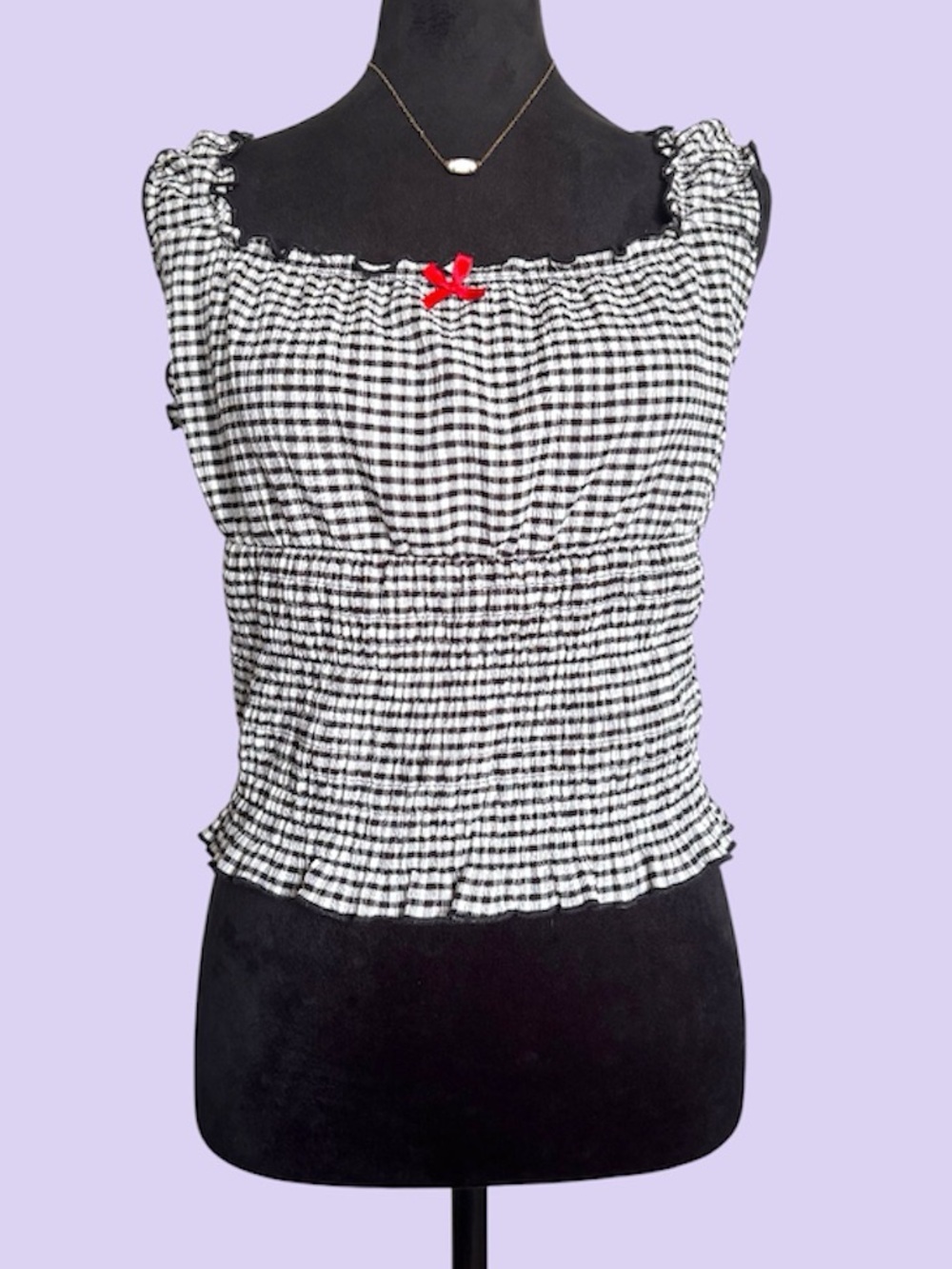 Frankee & Skylar Large Plaid Sleeveless Crop Top With Red Bow Ruffle straps